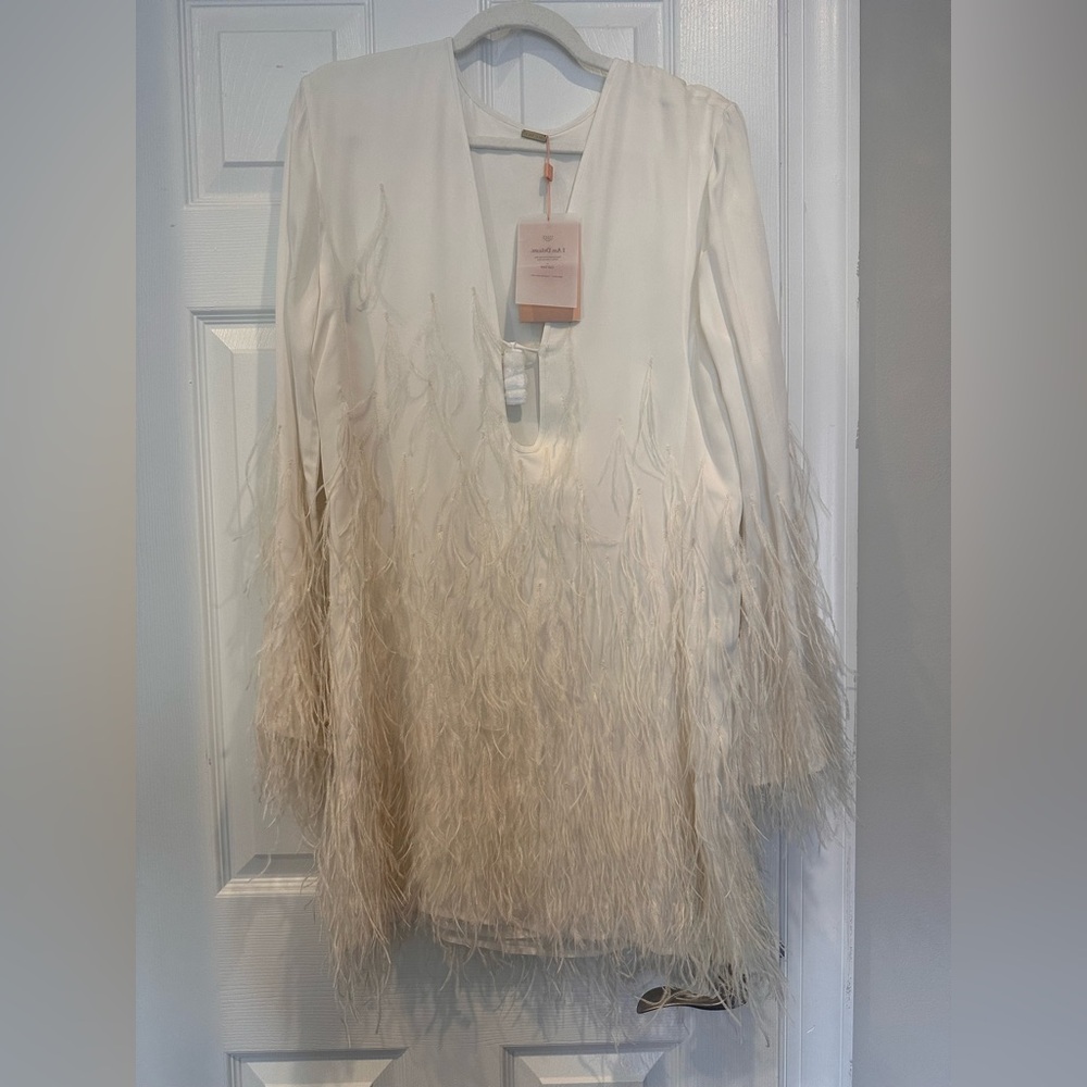 cult gaia Evelyn dress Cream V-Neck Shift Dress with Feather Trim